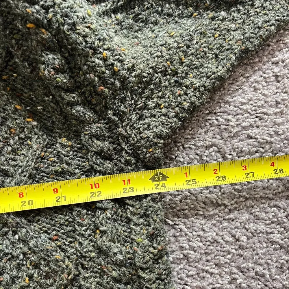 VTG Aran Islands Irish Wool Sweater Green Chunky Fisherman Cable Knit Shawl Sz L